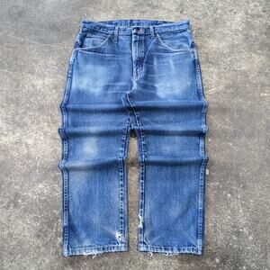 Vintage Rustler Jeans 34x30 Distressed Blue Pants Western Faded Denim Wrangler